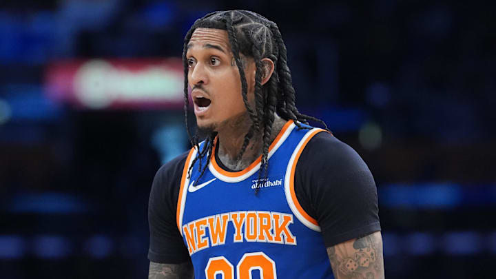 Mar 8, 2026; Los Angeles, California, USA; New York Knicks guard Jordan Clarkson (00) reacts against the Los Angeles Lakers in the second half at Crypto.com Arena. Mandatory Credit: Kirby Lee-Imagn Images