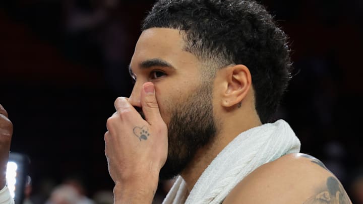 Apr 1, 2026; Miami, Florida, USA; Miami Heat center Bam Adebayo (13) and Boston Celtics forward Jayson Tatum (0) speak after the game at Kaseya Center. Mandatory Credit: Sam Navarro-Imagn Images
