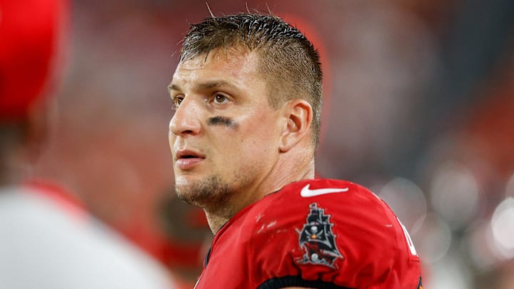 Dec 12, 2021; Tampa, Florida, USA;  Tampa Bay Buccaneers tight end Rob Gronkowski (87) looks on in the second half against the Buffalo Bills at Raymond James Stadium. Mandatory Credit: Nathan Ray Seebeck-Imagn Images