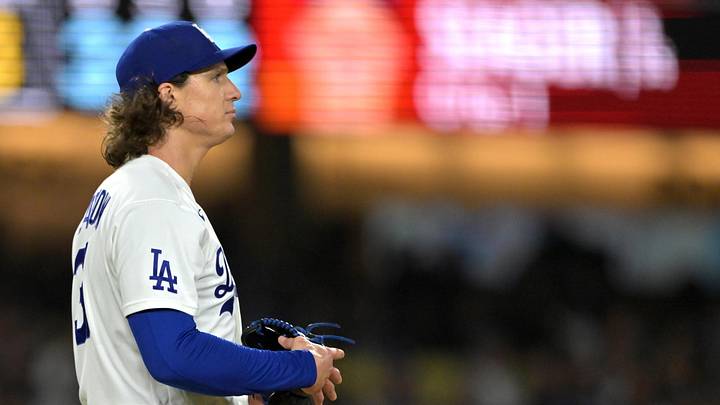 Los Angeles Dodgers pitcher Tyler Glasnow (31) reacts after giving up a three-run home run to the Texas Rangers during the third inning at Dodger Stadium on April 10, 2026. Los Angeles Dodgers pitcher Tyler Glasnow (31) reacts after giving up a three-run home run to the Texas Rangers during the third inning at Dodger Stadium on April 10, 2026.