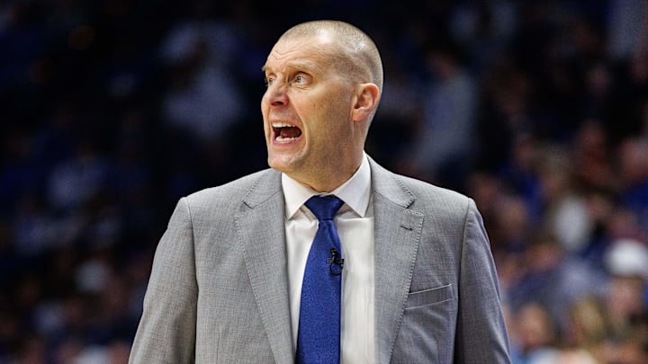 Mar 1, 2025; Lexington, Kentucky, USA; Kentucky Wildcats head coach Mark Pope yells to his players during the second half against the Auburn Tigers at Rupp Arena at Central Bank Center. Mandatory Credit: Jordan Prather-Imagn Images