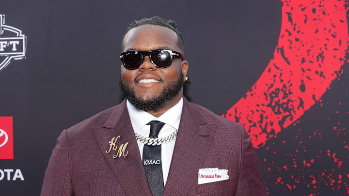 Apr 23, 2026; Pittsburgh, PA, USA; Ohio State Buckeyes defensive tackle Kayden McDonald poses on the red carpet before the 2026 NFL Draft at Point State Park. Mandatory Credit: Kirby Lee-Imagn Images