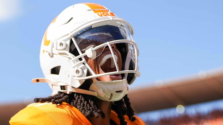 Tennessee wide receiver Chris Brazzell II (17) yells in celebration after scoring a touchdown against Georgia.