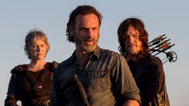 Melissa McBride as Carol Peletier, Andrew Lincoln as Rick Grimes, Norman Reedus as Daryl Dixon - The Walking Dead  Season 8, Episode 16 - Photo Credit: Gene Page/AMC