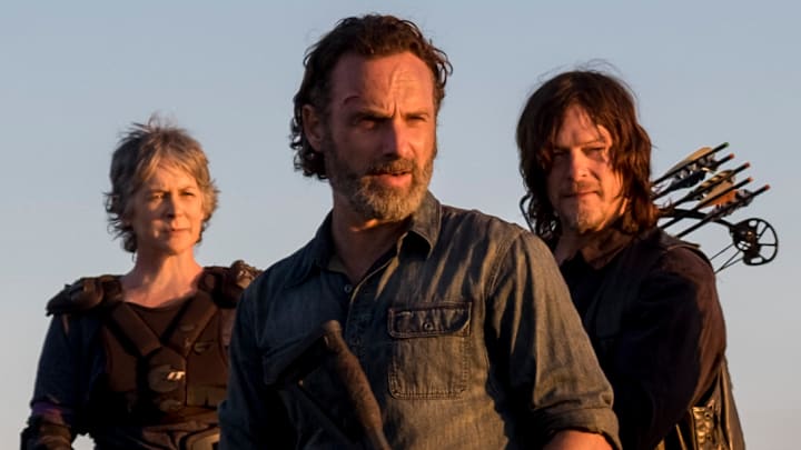 Cooper Andrews as Jerry, Khary Payton as Ezekiel, Danai Gurira as Michonne, Melissa McBride as Carol Peletier, Andrew Lincoln as Rick Grimes, Norman Reedus as Daryl Dixon, Christian Serratos as Rosita Espinosa - The Walking Dead _ Season 8, Episode 16 - Photo Credit: Gene Page/AMC
