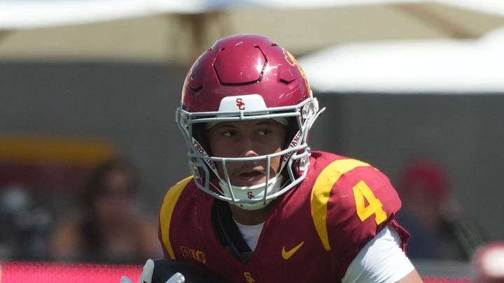 Aug 29, 2026; Los Angeles, California, USA; Southern California Trojans wide receiver Trent Mosley (4) carries the ball against the San Jose State Spartans at United Airlines Field at Los Angeles Memorial Coliseum. Aug 29, 2026; Los Angeles, California, USA; Southern California Trojans wide receiver Trent Mosley (4) carries the ball against the San Jose State Spartans at United Airlines Field at Los Angeles Memorial Coliseum.