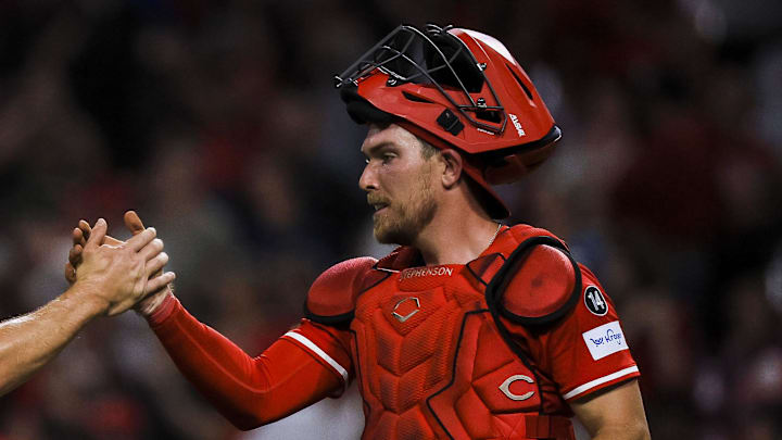 Reds catcher Stephenson celebrates a victory at Great American Ball Park.