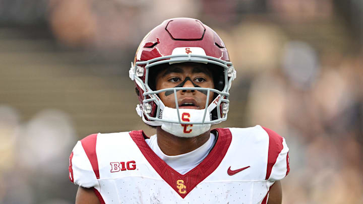 Sep 13, 2025; West Lafayette, Indiana, USA; Southern California Trojans wide receiver Ja'Kobi Lane (8)  warms up on the field before the game against the Purdue Boilermakers at Ross-Ade Stadium. Mandatory Credit: Marc Lebryk-Imagn Images