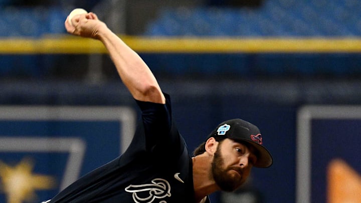 Mar 10, 2023; St. Petersburg, Florida, USA; Atlanta Braves pitcher Ian Anderson (36) throws a pitch in the first inning of a spring training game against the Tampa Bay Rays at Tropicana Field. 
