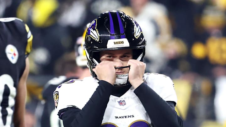Jan 4, 2026; Pittsburgh, Pennsylvania, USA; Baltimore Ravens place kicker Tyler Loop (33) reacts after missing the game winning field goal against the Pittsburgh Steelers during the second half at Acrisure Stadium. Mandatory Credit: Charles LeClaire-Imagn Images
