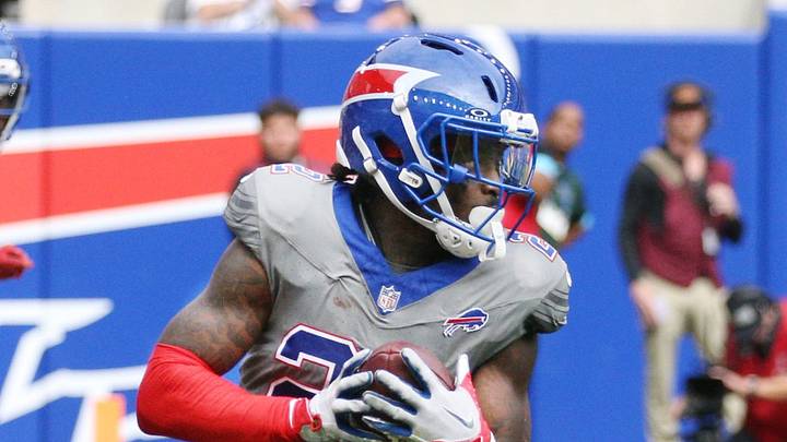 Bills safety C.J. Gardner-Johnson intercepts a pass near the end zone and runs it back to midfield against the Chargers during their game Sunday, September 27, 2026 at Highmark Stadium in Orchard Park, NY.