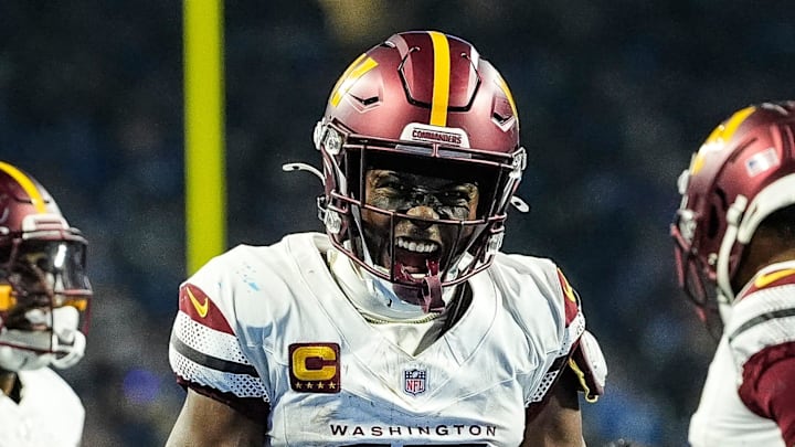 Washington Commanders wide receiver Terry McLaurin celebrates a first down against Detroit Lions.