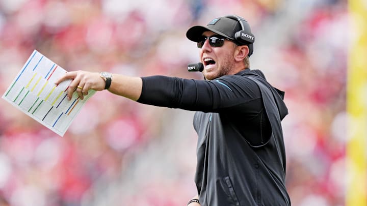Sep 28, 2025; Santa Clara, California, USA; Jacksonville Jaguars head coach Liam Coen reacts from the sidelines during the second half against the San Francisco 49ers at Levi's Stadium. Mandatory Credit: Kyle Terada-Imagn Images