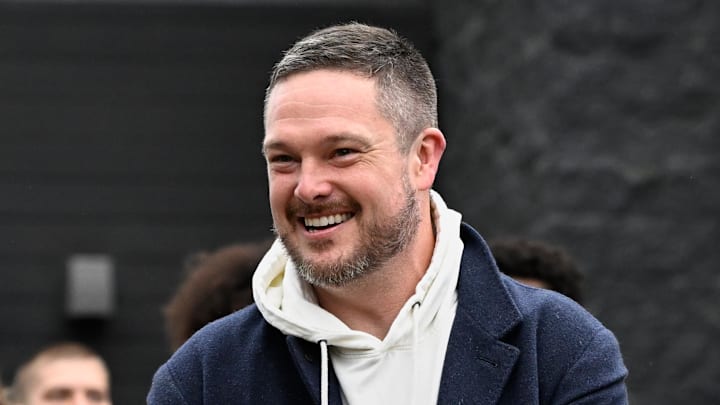 Oct 11, 2025; Eugene, Oregon, USA; Oregon Ducks head coach Dan Lanning arrives with players before the game between the Indiana Hoosiers and the Oregon Ducks at Autzen Stadium. Mandatory Credit: Troy Wayrynen-Imagn Images