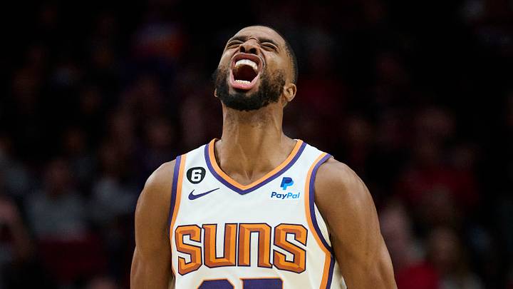 Phoenix Suns forward Mikal Bridges (25) reacts to a three-point play during overtime against the Portland Trail Blazers at Moda Center on October 21, 2022. The Trail Blazers won the game 113-111. Phoenix Suns forward Mikal Bridges (25) reacts to a three-point play during overtime against the Portland Trail Blazers at Moda Center on October 21, 2022. The Trail Blazers won the game 113-111.