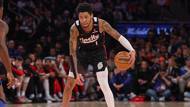Mar 30, 2025; New York, New York, USA; Portland Trail Blazers guard Anfernee Simons (1) dribbles during the first half against the New York Knicks at Madison Square Garden. Mandatory Credit: Vincent Carchietta-Imagn Images