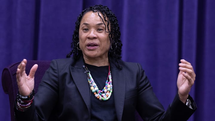 University of South Carolina women's basketball coach Dawn Staley answers a question by moderator Dan Hughes during the University of Mount Union's Schooler Lecture speaker series April 23, 2025, in Alliance, Ohio. University of South Carolina women's basketball coach Dawn Staley answers a question by moderator Dan Hughes during the University of Mount Union's Schooler Lecture speaker series April 23, 2025, in Alliance, Ohio.