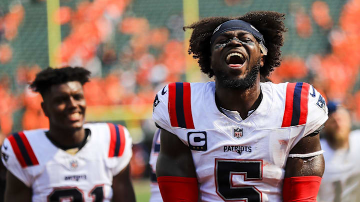 Sep 8, 2024; Cincinnati, Ohio, USA; New England Patriots safety Jabrill Peppers (5) reacts after the victory over the Cincinnati Bengals at Paycor Stadium. Mandatory Credit: Katie Stratman-Imagn Images
