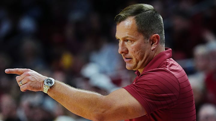 Iowa State Cyclones men's basketball head coach T.J. Otzelberger calls a play during the second half against Oklahoma State in the Big-12 men’s basketball on Jan. 10, 2026, at Hilton Coliseum in Ames, Iowa.