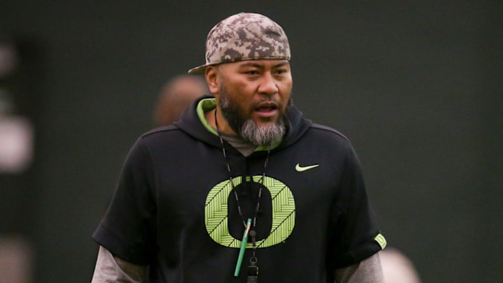 Oregon defensive line coach Tony Tuioti leads practice with the Ducks Thursday, April 20, 2023 at the Moshofsky Center in Eugene, Ore.

Sports Spring Football