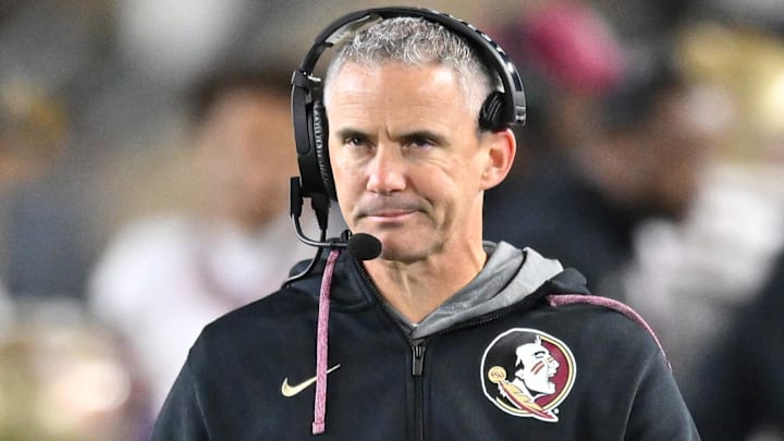 Nov 9, 2024; South Bend, Indiana, USA; Florida State Seminoles head coach Mike Norvell watches in the third quarter against the Notre Dame Fighting Irish at Notre Dame Stadium. Mandatory Credit: Matt Cashore-Imagn Images