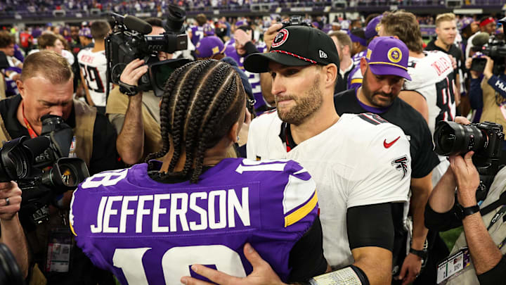 Atlanta Falcons quarterback Kirk Cousins embraced Minnesota Vikings wide receiver Justin Jefferson after Falcons' loss to Vikings in 2024.