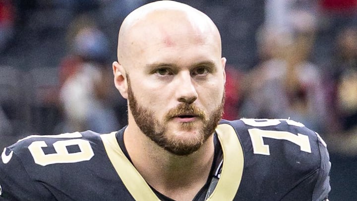 Sep 14, 2025; New Orleans, Louisiana, USA;  New Orleans Saints guard Luke Fortner (79) heads off the field after the game against the San Francisco 49ers at Caesars Superdome. 