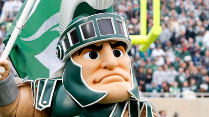 Michigan State mascot Sparty carries a flag during the Spartans' game against UCLA on Oct. 11, 2025.