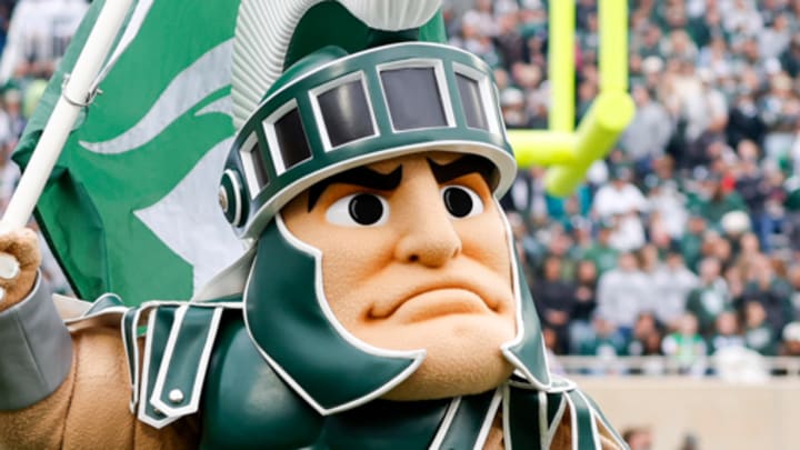 Michigan State mascot Sparty carries a flag during the Spartans' game against UCLA on Oct. 11, 2025.