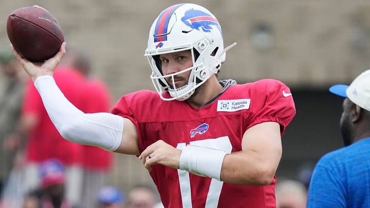 Bills quarterback Josh Allen throws during position drills during the final day of Buffalo Bills training camp. Bills quarterback Josh Allen throws during position drills during the final day of Buffalo Bills training camp.