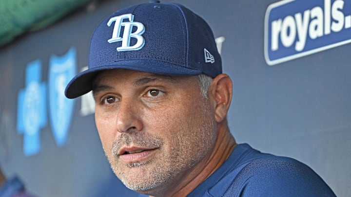 Jun 24, 2025; Kansas City, Missouri, USA;  Tampa Bay Rays manager Kevin Cash (16) talks with the media before a game against the Kansas City Royals at Kauffman Stadium. 