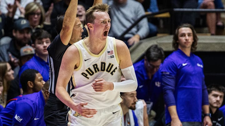 Purdue Boilermakers guard Fletcher Loyer (2) celebrates a made basket 