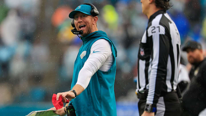 Jacksonville Jaguars head coach Liam Coen challenges the spot of the down during the fourth quarter of an NFL football game at EverBank Stadium, Sunday, Dec. 7, 2025, in Jacksonville, Fla. The Jaguars defeated the Colts 36-19. [Corey Perrine/Florida Times-Union]