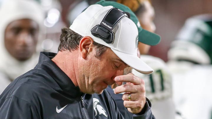 Michigan State head coach Jonathan Smith looks downward during the Spartans' game against USC on Sept. 20, 2025.