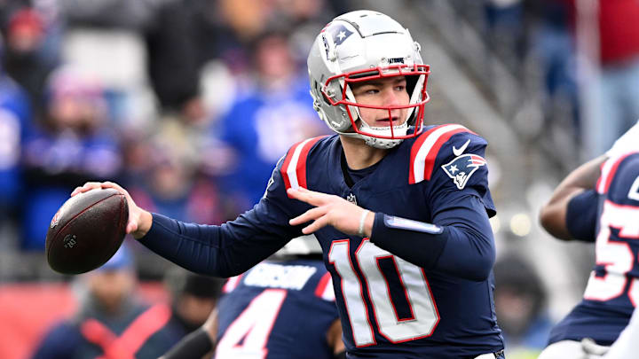 Jan 5, 2025; Foxborough, Massachusetts, USA; New England Patriots quarterback Drake Maye (10) looks to throw against the Buffalo Bills during the first half at Gillette Stadium. Mandatory Credit: Brian Fluharty-Imagn Images