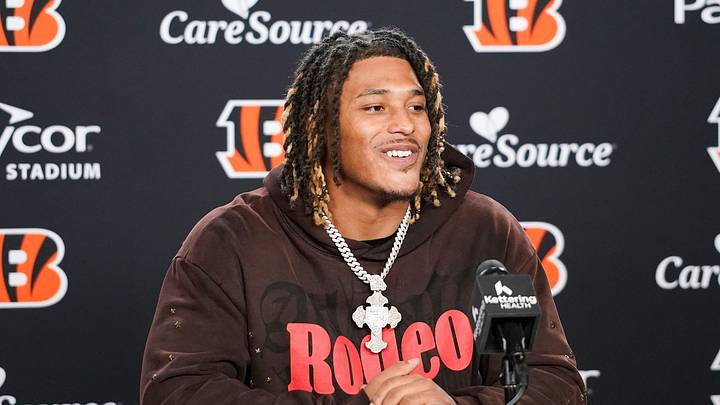 Cincinnati Bengals second round pick Cashius Howell speaks with media during the 2026 NFL Draft, Saturday, April 25, 2026, at Paycor Stadium in downtown Cincinnati.