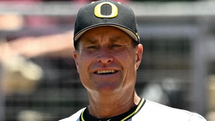 Jun 8, 2024; College Station, TX, USA; Oregon head coach Mark Wasikowski looks on prior to the game against the Texas A&M at Olsen Field, Blue Bell Park Mandatory Credit: Maria Lysaker-Imagn Images Jun 8, 2024; College Station, TX, USA; Oregon head coach Mark Wasikowski looks on prior to the game against the Texas A&M at Olsen Field, Blue Bell Park Mandatory Credit: Maria Lysaker-Imagn Images
