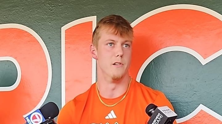 New Miami transfer Ryan Bilka during baseball media day ahead of opening weekend.