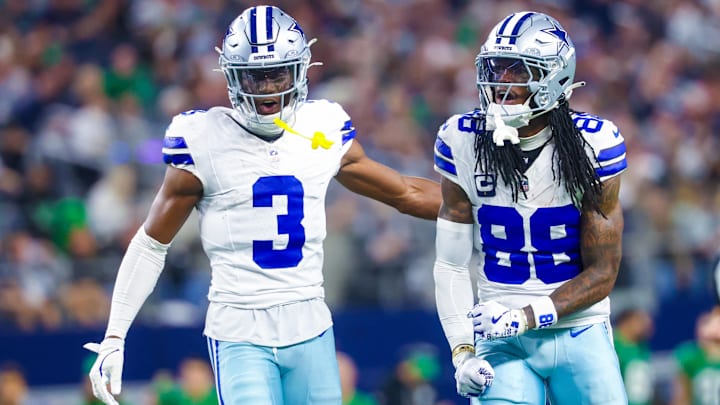 Dallas Cowboys wide receivers George Pickens and CeeDee Lamb react during the game against the Philadelphia Eagles. Dallas Cowboys wide receivers George Pickens and CeeDee Lamb react during the game against the Philadelphia Eagles.