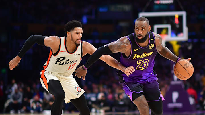 Dec 23, 2024; Los Angeles, California, USA; Los Angeles Lakers forward LeBron James (23) moves the ball against Detroit Pistons forward Tobias Harris (12) during the second half at Crypto.com Arena. Mandatory Credit: Gary A. Vasquez-Imagn Images Dec 23, 2024; Los Angeles, California, USA; Los Angeles Lakers forward LeBron James (23) moves the ball against Detroit Pistons forward Tobias Harris (12) during the second half at Crypto.com Arena. Mandatory Credit: Gary A. Vasquez-Imagn Images