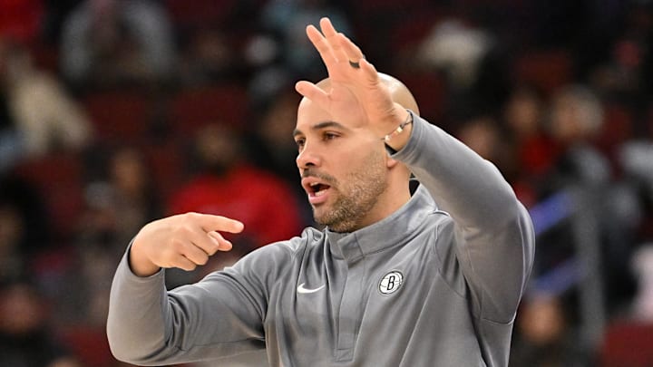 Jan 18, 2026; Chicago, Illinois, USA; Brooklyn Nets head coach Jordi Fernandez directs his team against the Chicago Bulls during the second half at United Center. Mandatory Credit: Patrick Gorski-Imagn Images