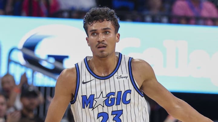 Oct 22, 2025; Orlando, Florida, USA; Orlando Magic forward Tristan da Silva (23) reacts after making a three point basket against the Miami Heat in the second quarter at Kia Center. Mandatory Credit: Nathan Ray Seebeck-Imagn Images