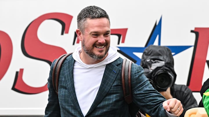 Nov 8, 2025; Iowa City, Iowa, USA; Oregon Ducks head coach Dan Lanning enters Kinnick Stadium before the game against the Iowa Hawkeyes. Mandatory Credit: Jeffrey Becker-Imagn Images
