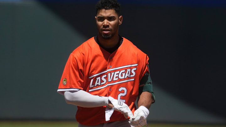 Las Vegas Aviator Darell Hernaiz plays at Southwest University Park in El Paso, Texas on April 9, 2025.
