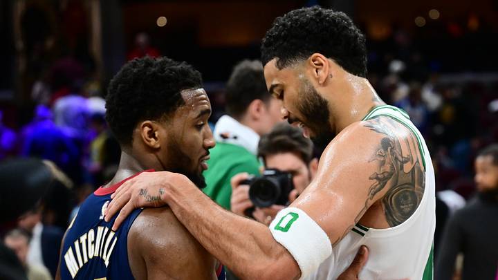 Mar 8, 2026; Cleveland, Ohio, USA; Cleveland Cavaliers guard Donovan Mitchell (45) talks to Boston Celtics forward Jayson Tatum (0) after the game at Rocket Arena. Mandatory Credit: Ken Blaze-Imagn Images Mar 8, 2026; Cleveland, Ohio, USA; Cleveland Cavaliers guard Donovan Mitchell (45) talks to Boston Celtics forward Jayson Tatum (0) after the game at Rocket Arena. Mandatory Credit: Ken Blaze-Imagn Images