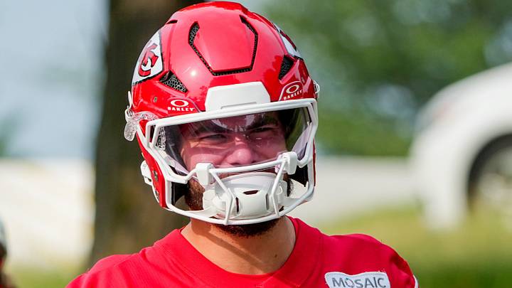 Jul 29, 2026; St. Joseph, MO, USA; Kansas City Chiefs tight end Jared Wiley (12) walks down the hill to the practice fields during training camp at Missouri Western State University. Mandatory Credit: Denny Medley-Imagn Images Jul 29, 2026; St. Joseph, MO, USA; Kansas City Chiefs tight end Jared Wiley (12) walks down the hill to the practice fields during training camp at Missouri Western State University. Mandatory Credit: Denny Medley-Imagn Images