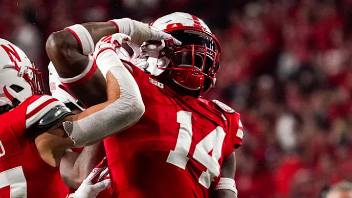 Nebraska Cornhuskers linebacker Chief Borders celebrates after a stop against the Northern Illinois Huskies during the fourth quarter at Memorial Stadium. Nebraska Cornhuskers linebacker Chief Borders celebrates after a stop against the Northern Illinois Huskies during the fourth quarter at Memorial Stadium.