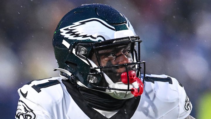 Dec 28, 2025; Orchard Park, New York, USA; Philadelphia Eagles wide receiver A.J. Brown (11) looks to receive a pass in the first quarter against the Buffalo Bills at Highmark Stadium. Mandatory Credit: Mark Konezny-Imagn Images