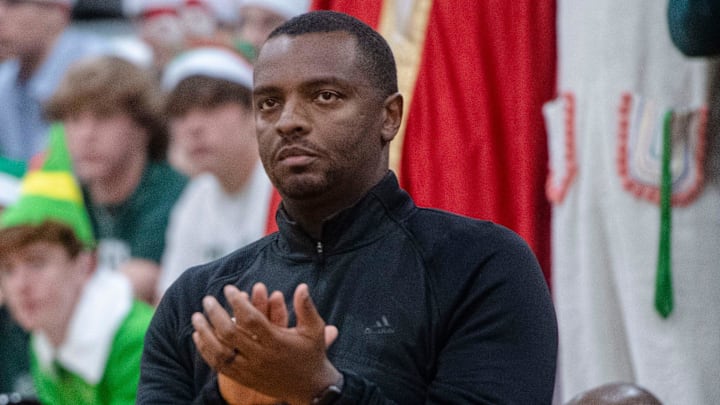 Christ School   sl head basketball coach, Joshua Coley, watches the Greenies take on Legion Collegiate Academy, December 12, 2023.