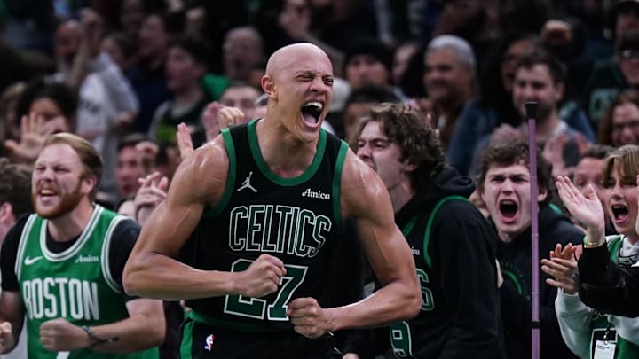 Nov 26, 2025; Boston, Massachusetts, USA; Boston Celtics guard Jordan Walsh (27) and Detroit Pistons guard Cade Cunningham (2) react after an out of bound ball called in the Celtics favor in the last seconds of the fourth quarter at TD Garden. Mandatory Credit: David Butler II-Imagn Images